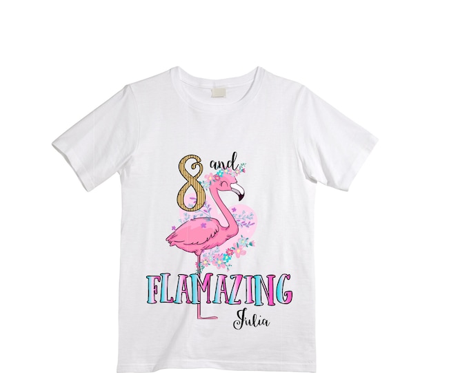 Personalized Flamingo Tropical themed EIGHT Birthday Girl Shirt. Cake Smash Short Sleeve Birthday Shirt. 8th . Birthday Shirt