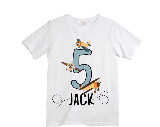Personalized Airplane theme Birthday Shirt. FIVE Birthday. Boy's Racing Birthday Airplane Themed Birthday Shirt