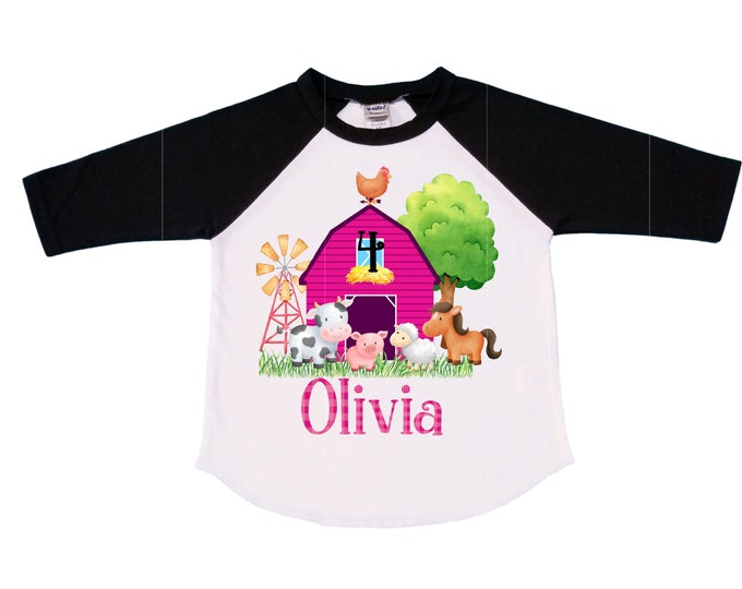 Personalized Farm Barn Farm Animal Tractor theme Birthday Shirt. Four Birthday. Girls Cow Farm Birthday Shirt. Tractor Birthday Shirt.