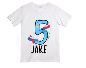 Personalized Airplane theme Birthday Shirt. FIVE Birthday. Boy's Racing Birthday Airplane Themed Birthday Shirt