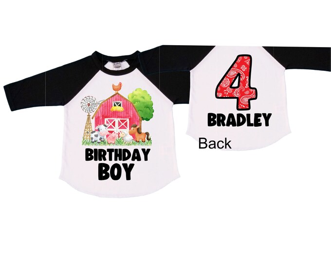 Personalized Farm Barn Farm Animal Tractor theme Birthday Shirt. Four Birthday. Boy's Farm Birthday Shirt. Tractor Birthday Shirt.