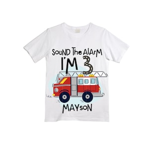 Personalized Sound the Alarm I'm 3 Fire Truck theme Birthday Shirt. THREE Birthday. Boy's Truck Birthday Shirt. Fire Truck Birthday Shirt.