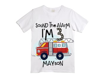 Personalized Sound the Alarm I'm 3 Fire Truck theme Birthday Shirt. THREE Birthday. Boy's Truck Birthday Shirt. Fire Truck Birthday Shirt.