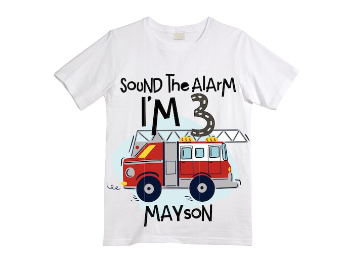 Personalized Sound the Alarm I'm 3 Fire Truck theme Birthday Shirt. THREE Birthday. Boy's Truck Birthday Shirt. Fire Truck Birthday Shirt.