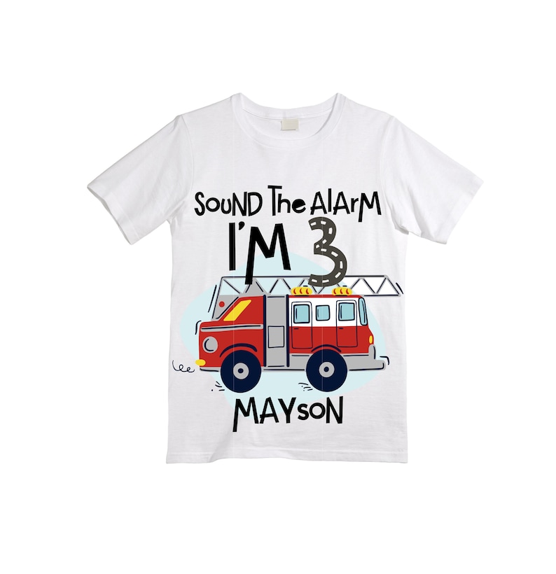 Personalized Sound the Alarm I'm 3 Fire Truck theme Birthday Shirt. THREE Birthday. Boy's Truck Birthday Shirt. Fire Truck Birthday Shirt. image 1