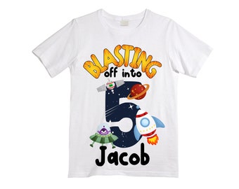 Personalized Space Birthday FIVE Astronaut theme Birthday Shirt. 5th Birthday. Boy's Birthday Shirt. Spaceship Space ship Birthday Shirt.