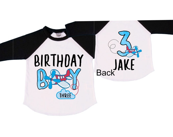 Personalized Airplane theme Birthday Shirt. THREE Birthday. Boy's Airplane Birthday Shirt. Airplane Racing Birthday Shirt.