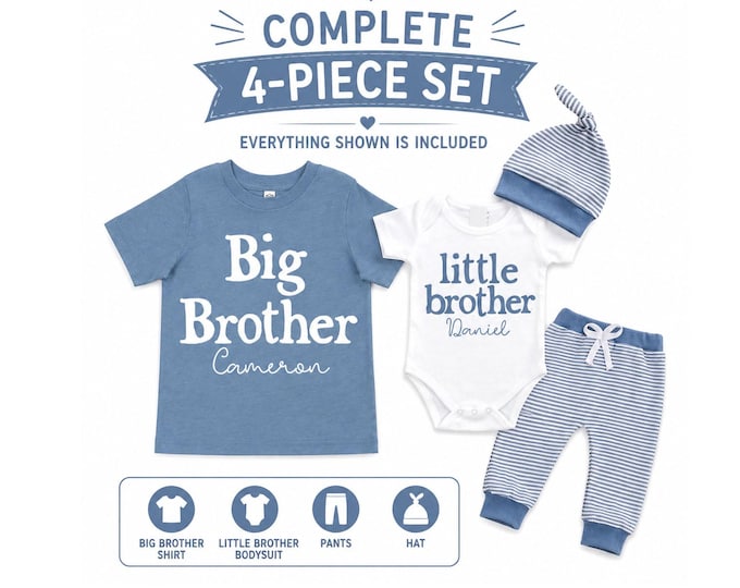 Big Brother Little Brother Matching 4-Piece Set: Bodysuit, Shirt, Pants, Hat - Matching Brothers, Baby Shower