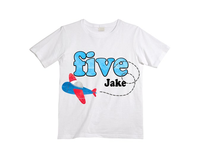 Personalized Airplane theme Birthday Shirt. FIVE Birthday. Boy's Racing Birthday Airplane Themed Birthday Shirt
