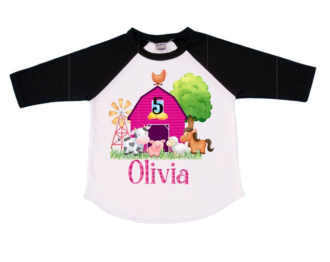 Personalized Farm Barn Farm Animal Tractor theme Birthday Shirt. FIVE Birthday. Girls Farm Birthday Shirt. Tractor Birthday Shirt. 5th