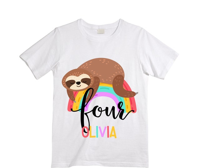 Personalized Sloth Four Birthday Girl Shirt. Cake Smash Birthday Shirt. 4th . Birthday Shirt