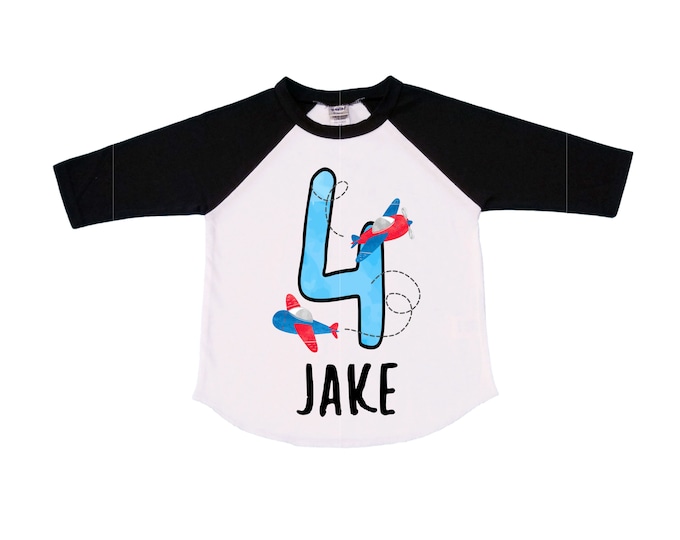 Personalized Airplane FOUR  Raglan Airplane theme Birthday Shirt. FOUR Birthday. Boy's Racing Birthday . Airplane Party Birthday