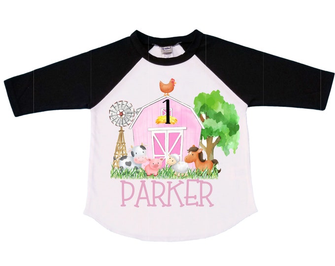 Farm Barn Tractor Farm Animal theme Birthday Shirt. ONE Birthday. Girl's Tractor Birthday. Farm Birthday Shirt. First Birthday Cake Smash