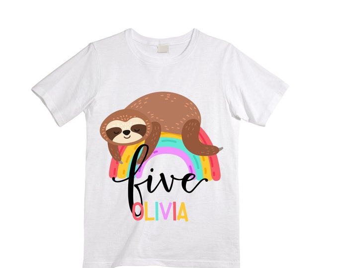 Personalized Sloth FIVE Birthday Girl Shirt. Cake Smash Short Sleeve Birthday Shirt. 5th . Birthday Shirt