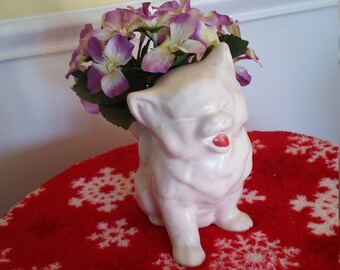 Cat Shaped Brush McCoy Matte White Ceramic House Planter, Vintage Flower Pot