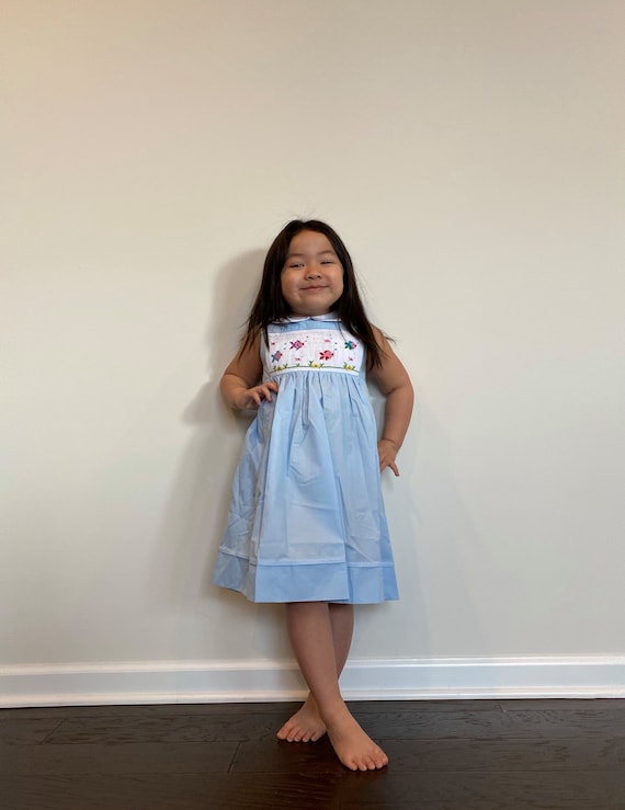 Girls (Size 1-6T) Blue Smocked Dress and Embroidery Fish Design.