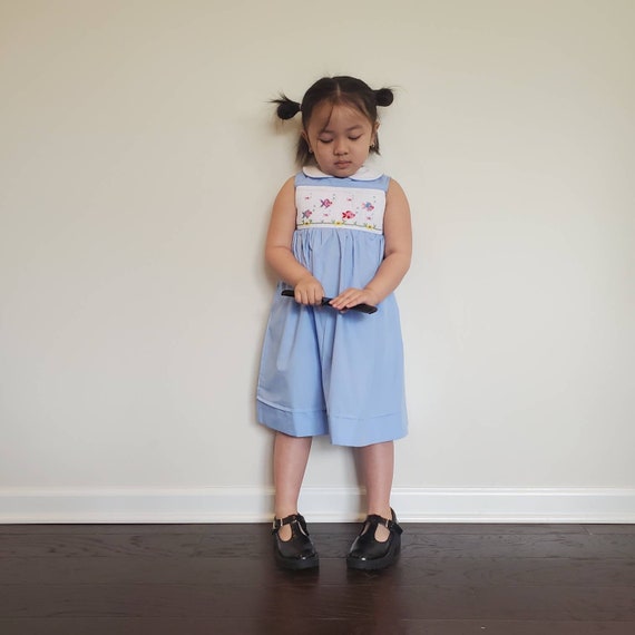 Girls (Size 1-6T) Blue Smocked Dress and Embroidery Fish Design.