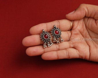 Oxidized German Silver Stud Earrings: Bohemian Indian Jewelry