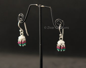 Handmade Silver Indian Earring, Red Green Beads Silver Hanging Earring (Jhumka)