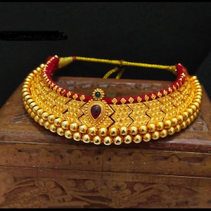 Traditional Gold Plated Vajratik, Indian Jewellery, Marathi Necklace, Kolhapuri Thushi ,Jewelry for Nauvari, Paithani,Maharashtrian Necklace