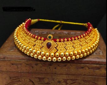 Traditional Gold Plated Vajratik, Indian Jewellery, Marathi Necklace, Kolhapuri Thushi ,Jewelry for Nauvari, Paithani,Maharashtrian Necklace