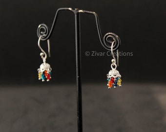 Handmade Silver Indian Earring, Multicolour Beads Silver Hanging Earring (Jhumka)