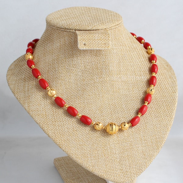 Coral Beads and Gold-Plated Indian Rani Haar Necklace: Personalized Elegance