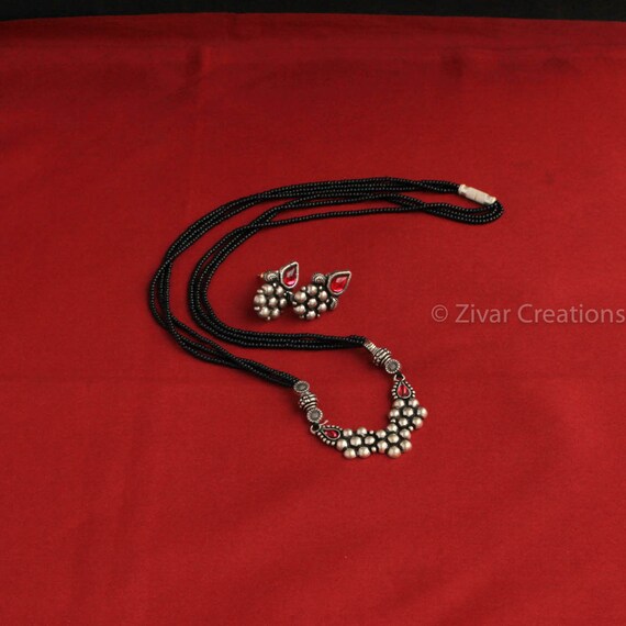 Kolhapuri Oxidised Kudi Mangalsutra Set Indian Neaclace Black Beads Jewelery Gift for Her Daily Wear