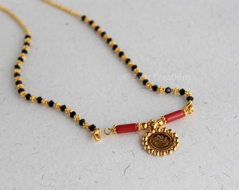 Golden Beads Mangalsutra with Black Crystal Ethnic Daily Wear Indian Short Mangalsutra Mulitiporpose Chain Handmade Gift For Her