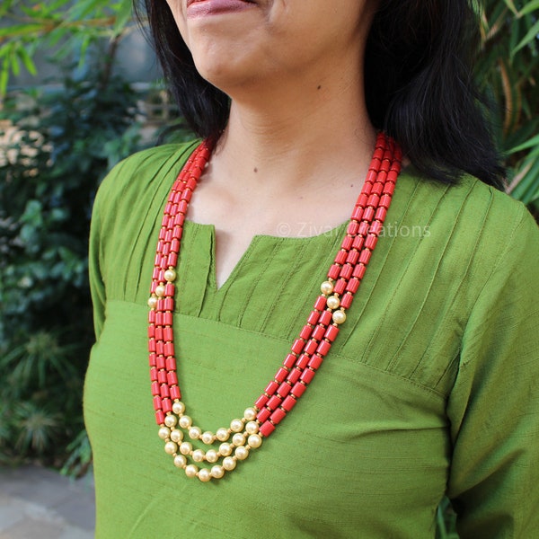 Long collier de perles de couleur corail, bijoux indiens, ethnique, bijoux du sudDaily Wear, cadeau pour elle