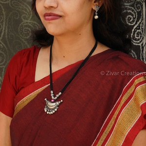Handmade Oxidised Chandrakor Mangalsutra Set, Black Beads, Fancy Modern Mangalsutra Set