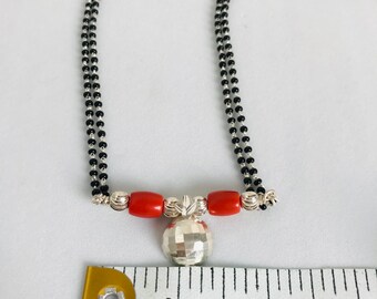 Sterling Silver Mangalsutra Necklace: Indian Coral Vati, 32 Inch
