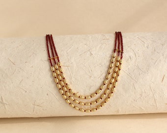 Red Beads Layer Necklace, Handmade Indian Jewelry