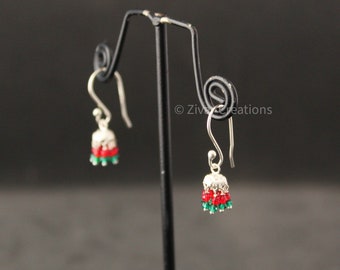 Handmade Silver Indian Earring, Red Green Beads Silver Hanging Earring (Jhumka)