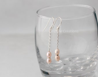 Natural Fresh Water Pink Pearl Drop Earrings, Dainty Dangle Pearl Earrings,Pearl Sterling Silver Chain Earring Earrings, Gift for her