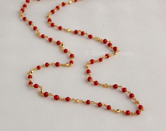 Gold-Plated South Indian Necklace: Coral Colored Beads, 22 inch