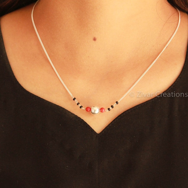 Real Coral Silver Chain Mangalsutra, delicate silver mangalsutra, mangalsutra, 925 silver chain, Indian Jewellerygift for her