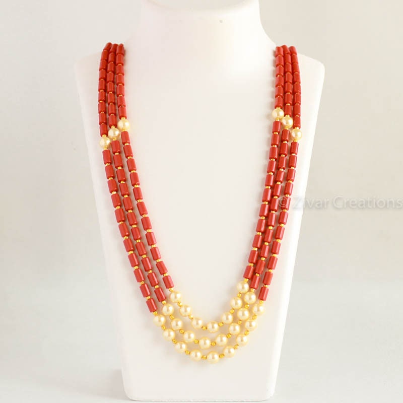 Long Coral Colour Beads and Pearl Necklace, Indian Jewelry, Ethnic , South  Jewellerydaily Wear, Gift for Her 