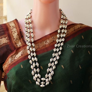 925 Silver Dholki Beads Three Line Necklace, Maharashtrian Kolhapuri Dholki Necklace, Traditional Ethnic Jewelry