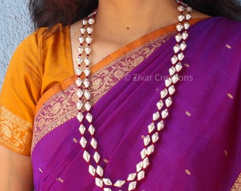 Silver Dholki Beads Double Line Necklace With Brown Thread