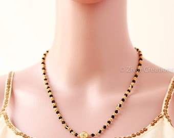 Black Crystal Mangalsutra Necklace, Modern Indian Jewelry, Gold Plated Beads