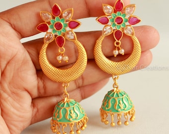 Long Pista Meena kari Earring, long earring, indian jewellery, meena work earring, ethnic jewellery,earringDaily WearGift