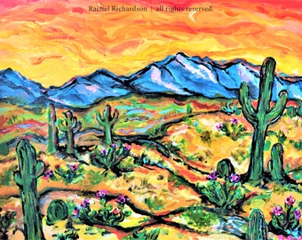 Desert Art Print. Choose Your Size, Acrylic Painting Art Print. Phoenix south mountains.