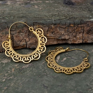 Mandala Earrings, Ethnic Earrings, Tribal Gold Brass Earrings, Boho Jewelry, Hoop Bohemian Earrings, Gift For Women, Hoop Earrings