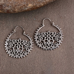 925 Silver Mandala Earrings, Vintage Earrings, Ethnic Earrings, Bohemian Earrings, Tribal Earrings, Hippie Earrings, Mandala Hoop Earrings
