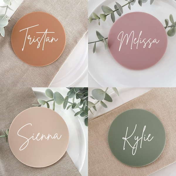 Personalised ROUND Coaster | wedding Favour Placecards | Custom Name Acrylic wedding favor | Natural Beige Sage Blush Pink Place cards |