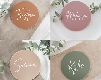 Personalised ROUND Coaster | wedding Favour Placecards | Custom Name Acrylic wedding favor | Natural Beige Sage Blush Pink Place cards |
