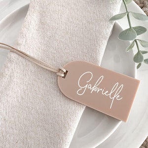 Personalised Luggage tags | Custom Name Acrylic wedding favor | Natural Beige or Pink Place cards | BOHO favours for weddings and events