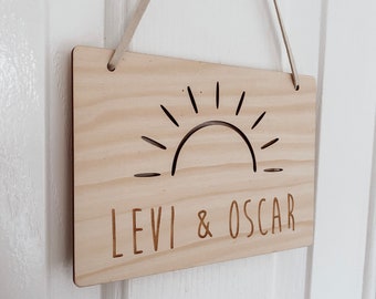 Letreros de puerta personalizados para niños / Placa rectangular con nombre bohemio SUNRAYS / Letreros con nombre personalizados / Decoración infantil personalizada / Letrero con nombre grabado /