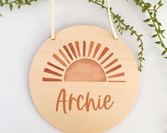 Placas redondas personalizadas con nombre BOHO SUNSET / Letrero para puerta con nombre impreso / Decoración infantil personalizada / Decoración de habitación infantil / Letreros de madera